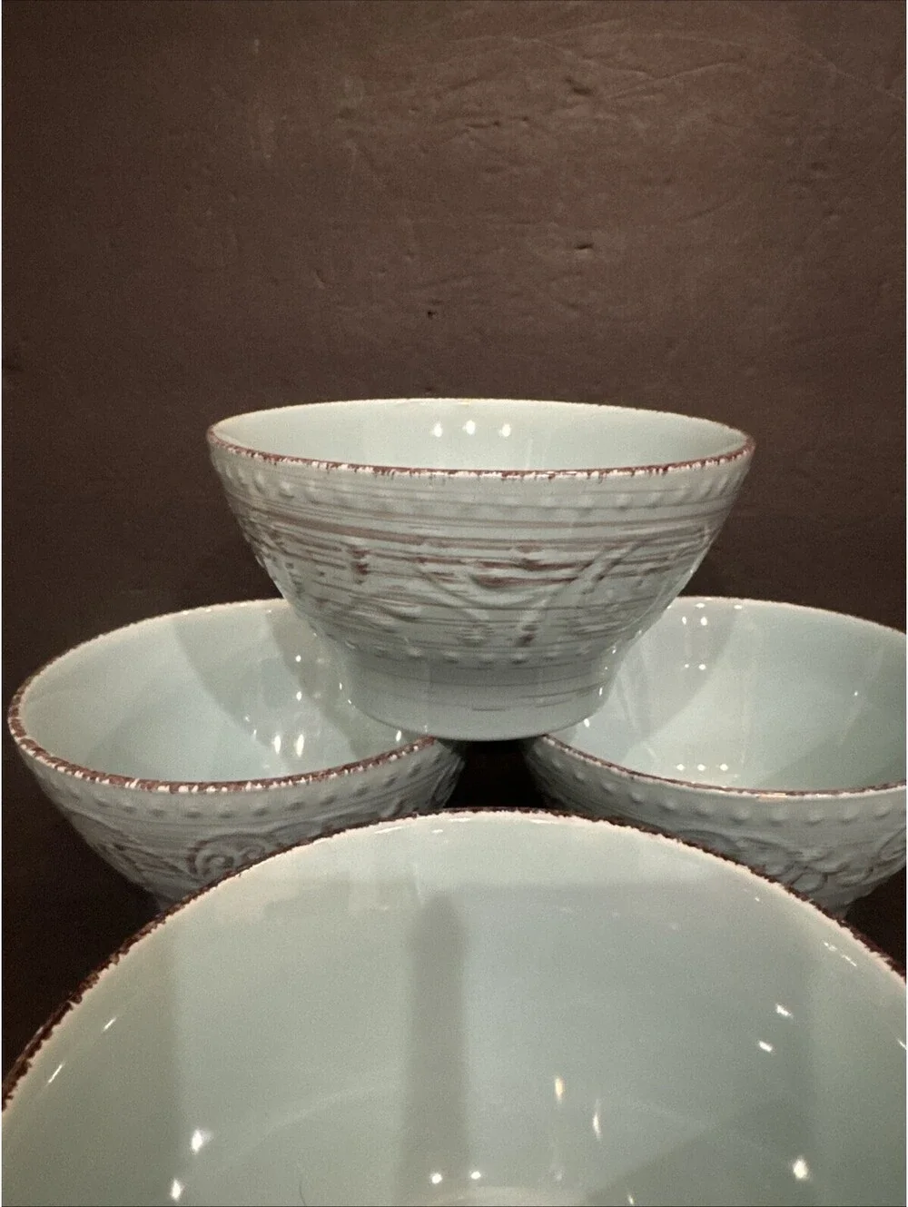 Elama Stoneware Malibu Waves Turquoise Set Of 4  Soup Cereal Bowls 6.75” W By 3”